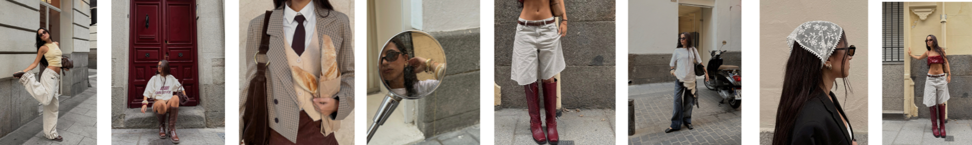 Secuencia de varias fotos de una mujer en la calle con diferentes atuendos y accesorios.