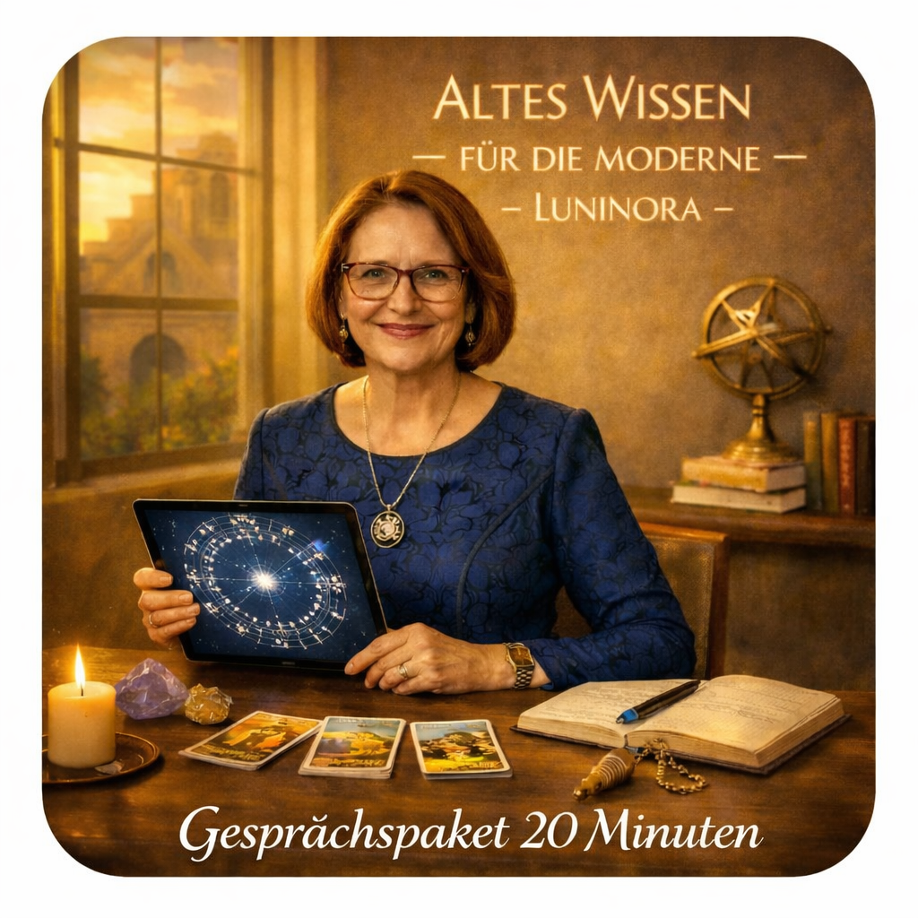 Eine Frau sitzt an einem Schreibtisch, hält ein Tablet mit einem Sternenbild. Im Hintergrund ein Fenster mit Sonnenuntergang. Auf dem Tisch liegen Tarotkarten, eine brennende Kerze, ein Buch, ein Duftöl, und Kristalle. Es ist ein Horoskop- oder Tarot-Lesungskonzept für eine 20-minütige Gesprächssitzung, beworben mit deutschem Text.
