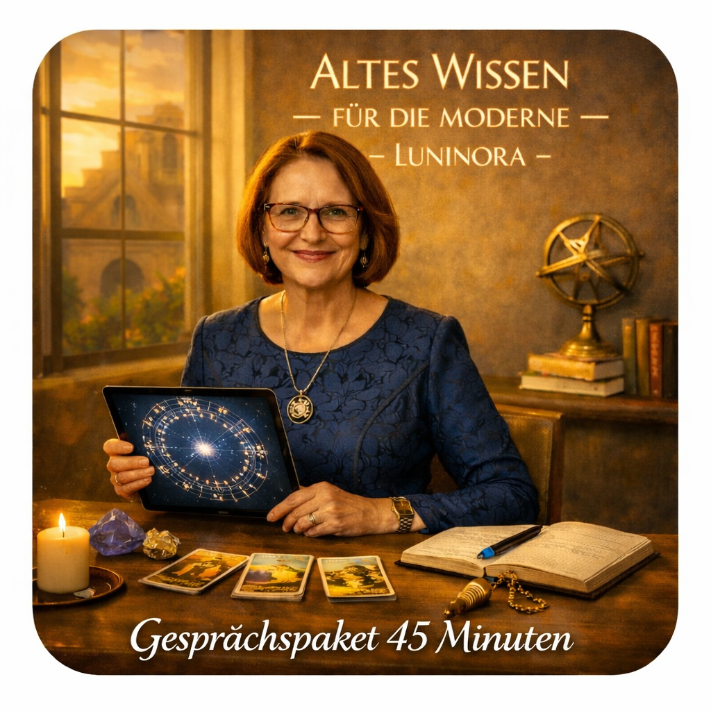 Eine Frau mit Brille und Schmuck sitzt an einem Tisch mit Tarotkarten, Notizbuch und Kristallen, hält ein Tablet mit einem Sternbild, im Hintergrund ein Fenster mit Sonnenuntergang und ein Globus, dazu Text: 'Altes Wissen für die Moderne - Luninora' und 'Gesprächspaket 45 Minuten'.