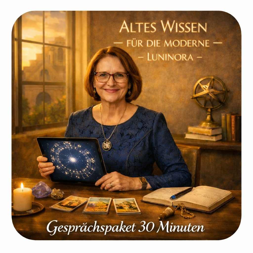 Eine Frau mit Brille und rotem Haar sitzt an einem Tisch, hält ein Tablet mit einem Sternbild auf dem Bildschirm. Der Raum ist dimmlicht und hat eine goldene Uhren- und Bücherdekoration. Es sind Tarotkarten, Kristalle, eine Kerze, ein Notizbuch, ein Stift und ein Pendel auf dem Tisch. Im Hintergrund steht ein Hinweis auf ein Gesprächspaket von 30 Minuten mit dem Titel "Altes Wissen für die Moderne - Luninora".