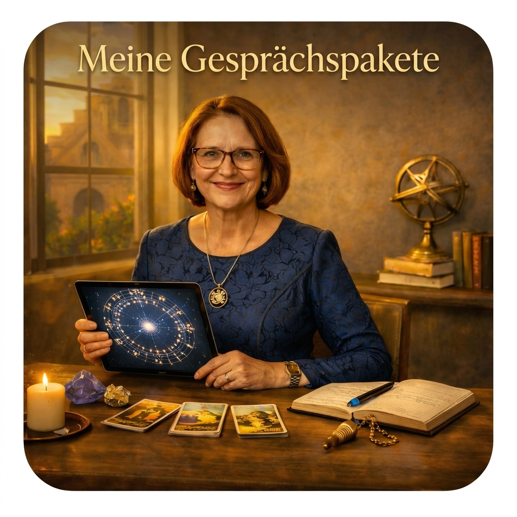 Eine Frau sitzt an einem Tisch in einem Raum mit einer großen Fensteransicht, hält ein Tablet mit einem Sternenhimmel-Design, umgeben von Tarotkarten, Kristallen, einer brennenden Kerze, einem Notizbuch, einem Stift, einem Tarot-Öl-Spray, einem gyroskopähnlichen Ornament und Büchern. Oben steht der Text 'Meine Gesprächspakete'.