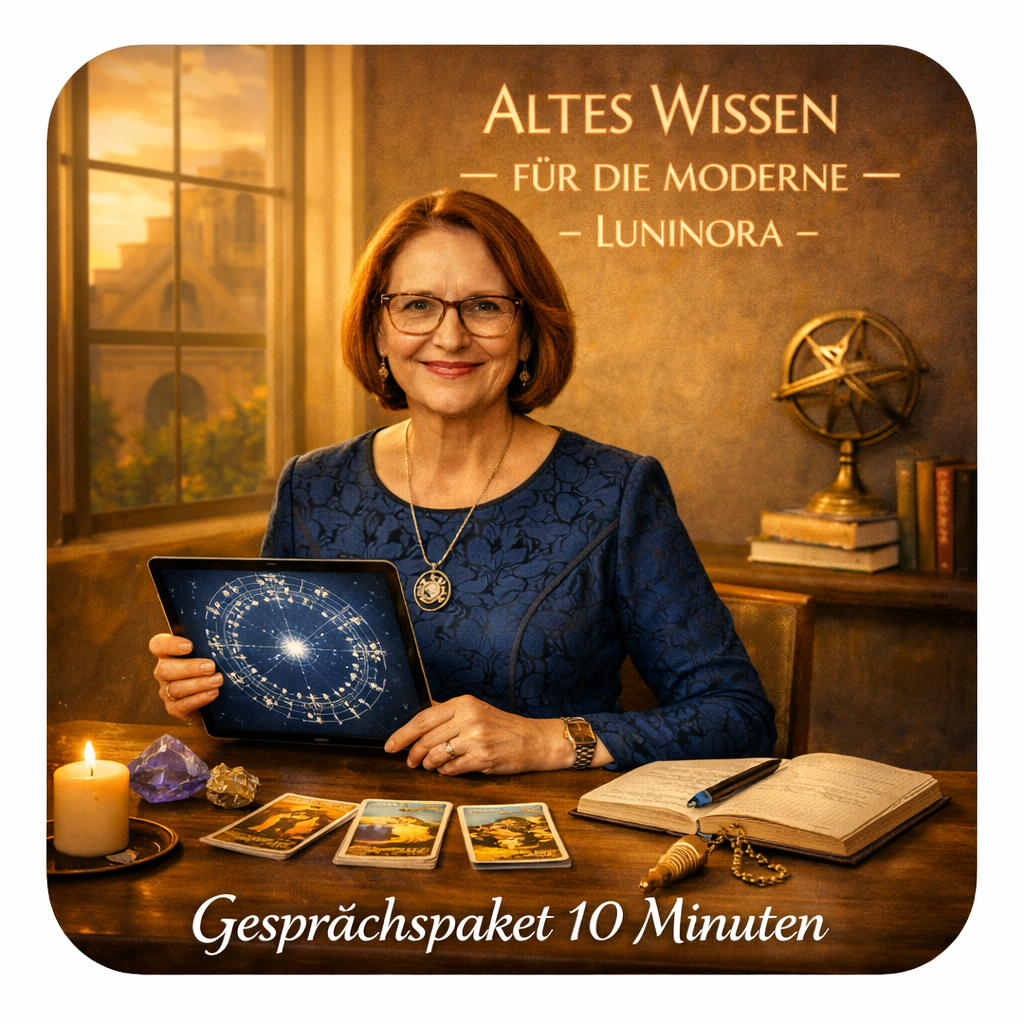 Eine Frau sitzt an einem Holztisch in einem Raum mit einem großen Fenster, hält ein Tablet mit einem astrologischen Sternenhimmel auf dem Bildschirm und lächelt. Auf dem Tisch sind Tarotkarten, eine Kerze, Kristalle, ein offen liegendes Buch, ein Notizbuch, ein Stift und ein Pendel. Im Hintergrund ist eine Wanduhr und ein Bücherregal. Text auf dem Bild: 'Altes Wissen für die moderne Luninora'.