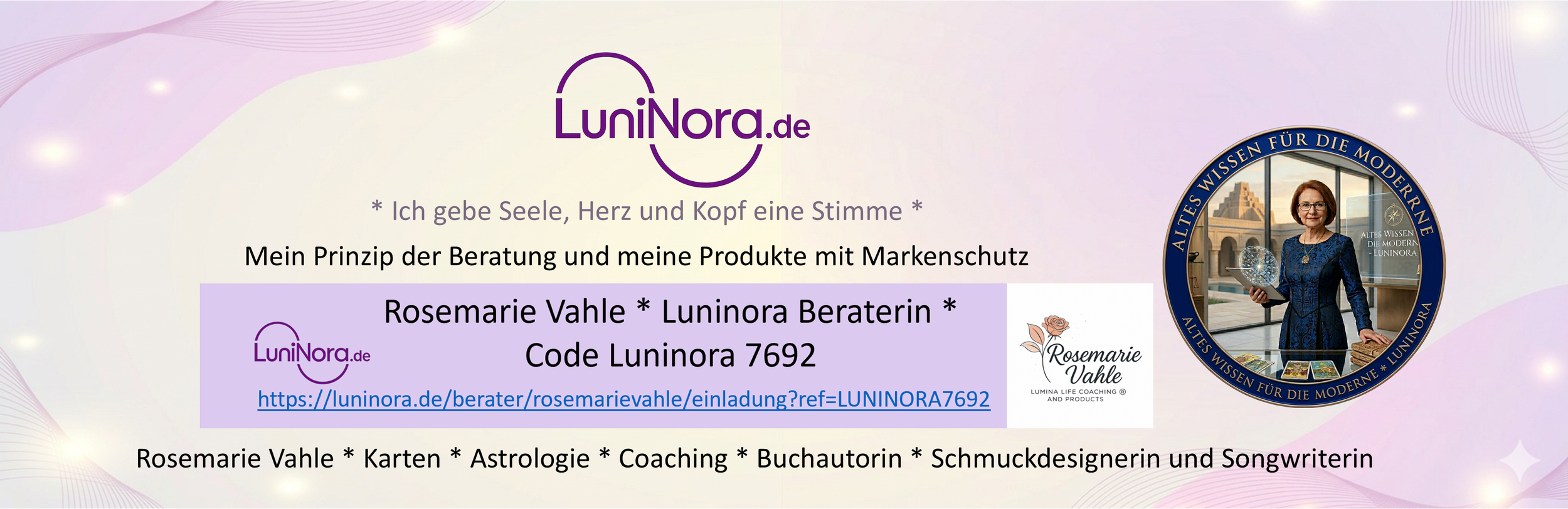 Visitenkarte von Rosemarie Vahle, Beraterin bei Lunina, mit Logo, und einem runden Gold- und Blau-Design mit einem Bild von einer Frau in blauer Kleidung, die ein Kristallball hält, im Hintergrund eine moderne Architektur.