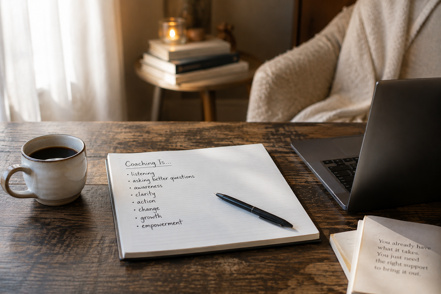 Life coach training workspace with coaching notes on listening, powerful questions, clarity, action, change and personal growth.