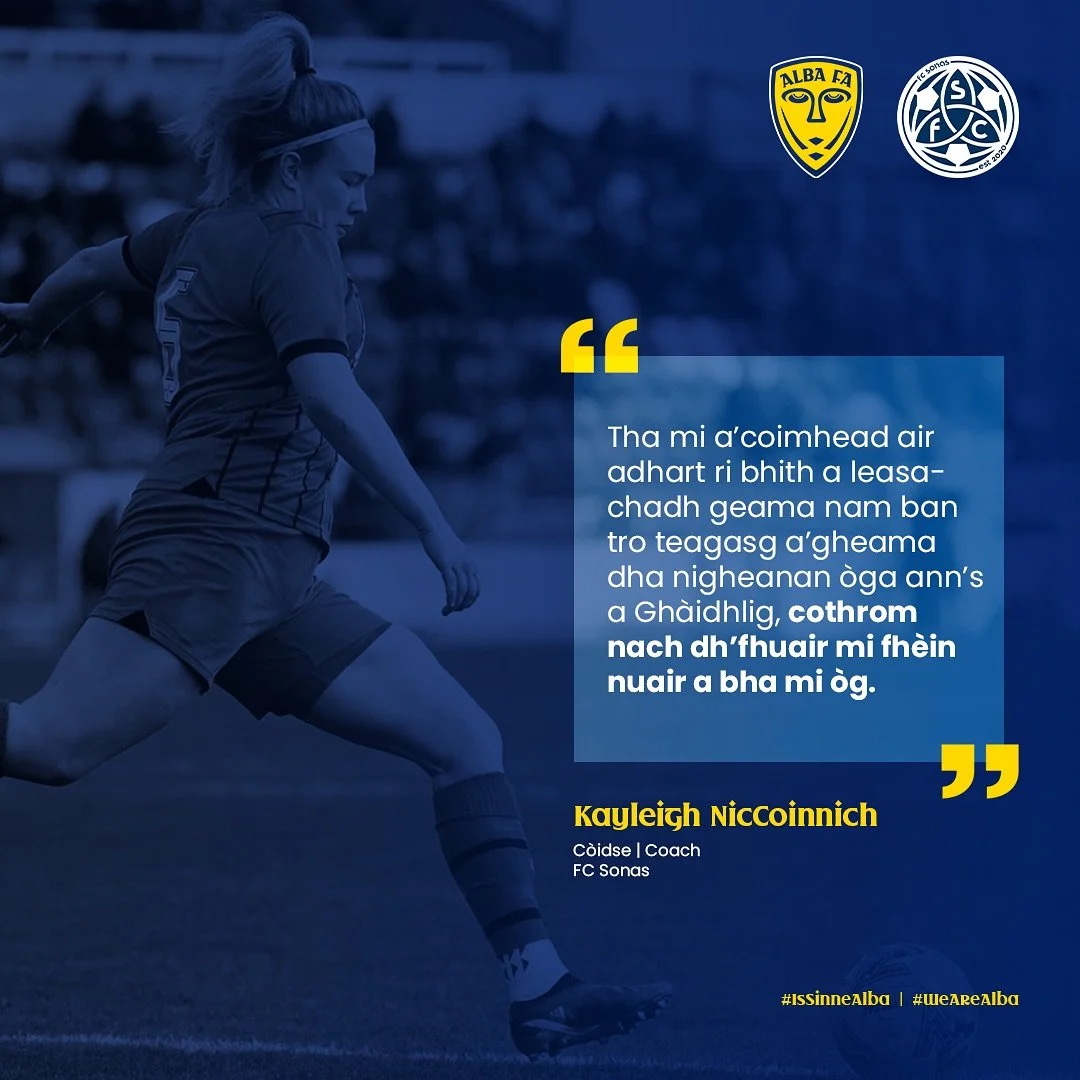 Kayleigh NicCoinnich | Kayleigh MacKenzie 🟡

&ldquo;Tha mi a&rsquo;coimhead air adhart ri bhith a leasachadh geama nam ban tro teagasg a&rsquo;gheama dha nigheanan &ograve;ga ann&rsquo;s a Gh&agrave;idhlig, cothrom nach dh&rsquo;fhuair mi fh&egrave;