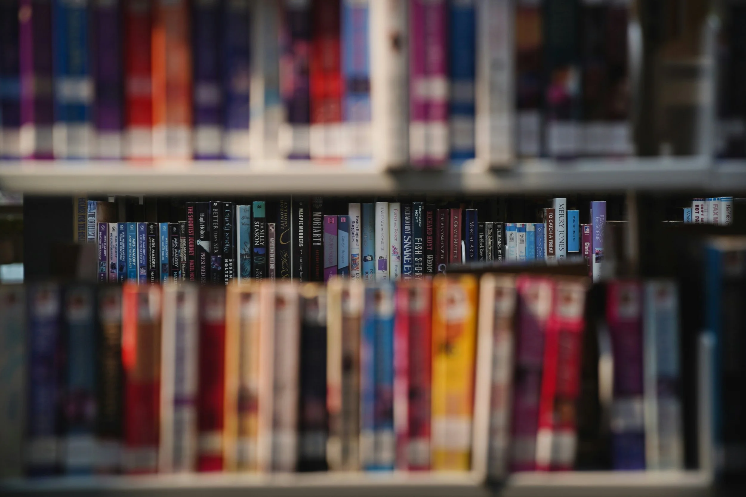 The image shows a close-up of library books on shelves.