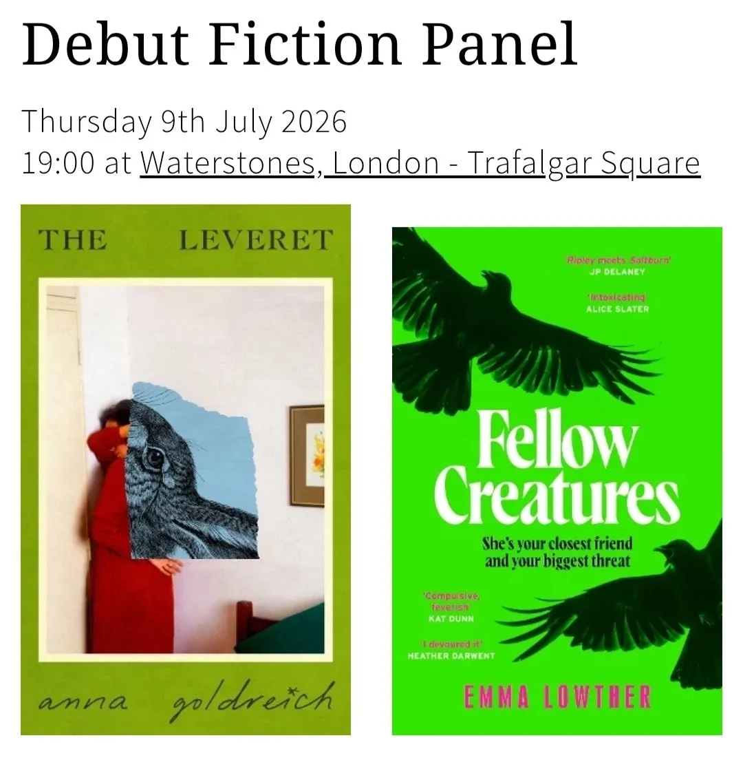 The image shows the details for the debut fiction panel at Waterstones Trafalgar Square and two book covers
