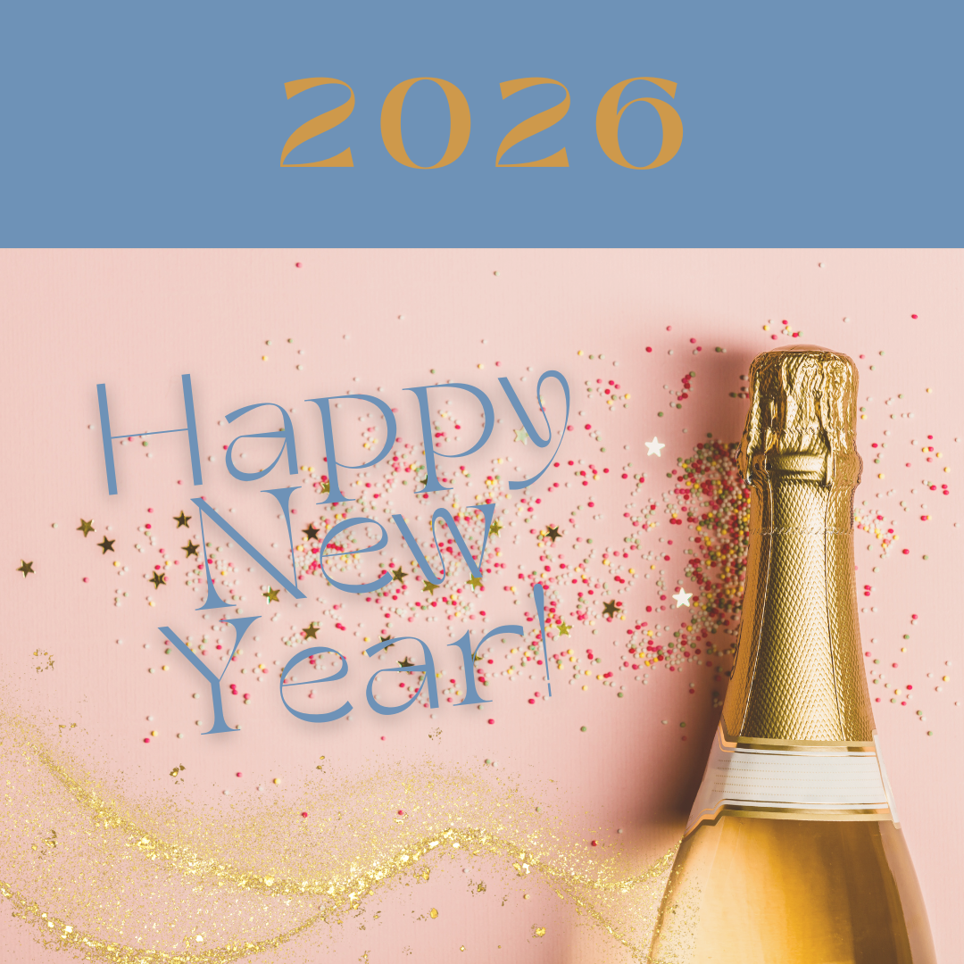 Image shows a champagne bottle and the text reads '2026' and 'happy new year'
