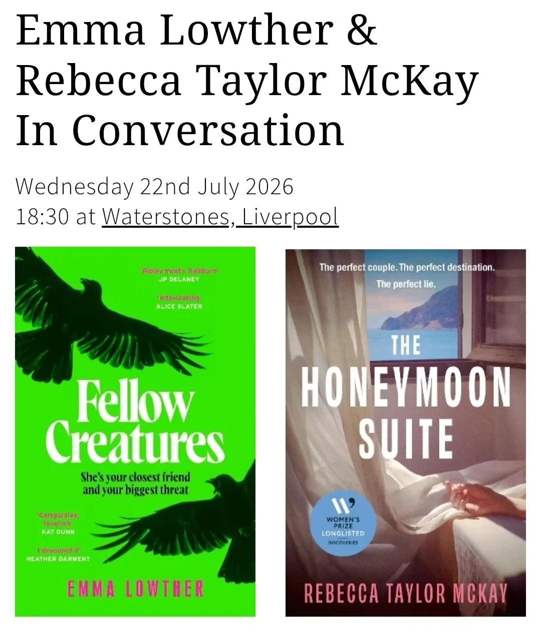 The image shows the details for the event at Liverpool Waterstones and the book covers