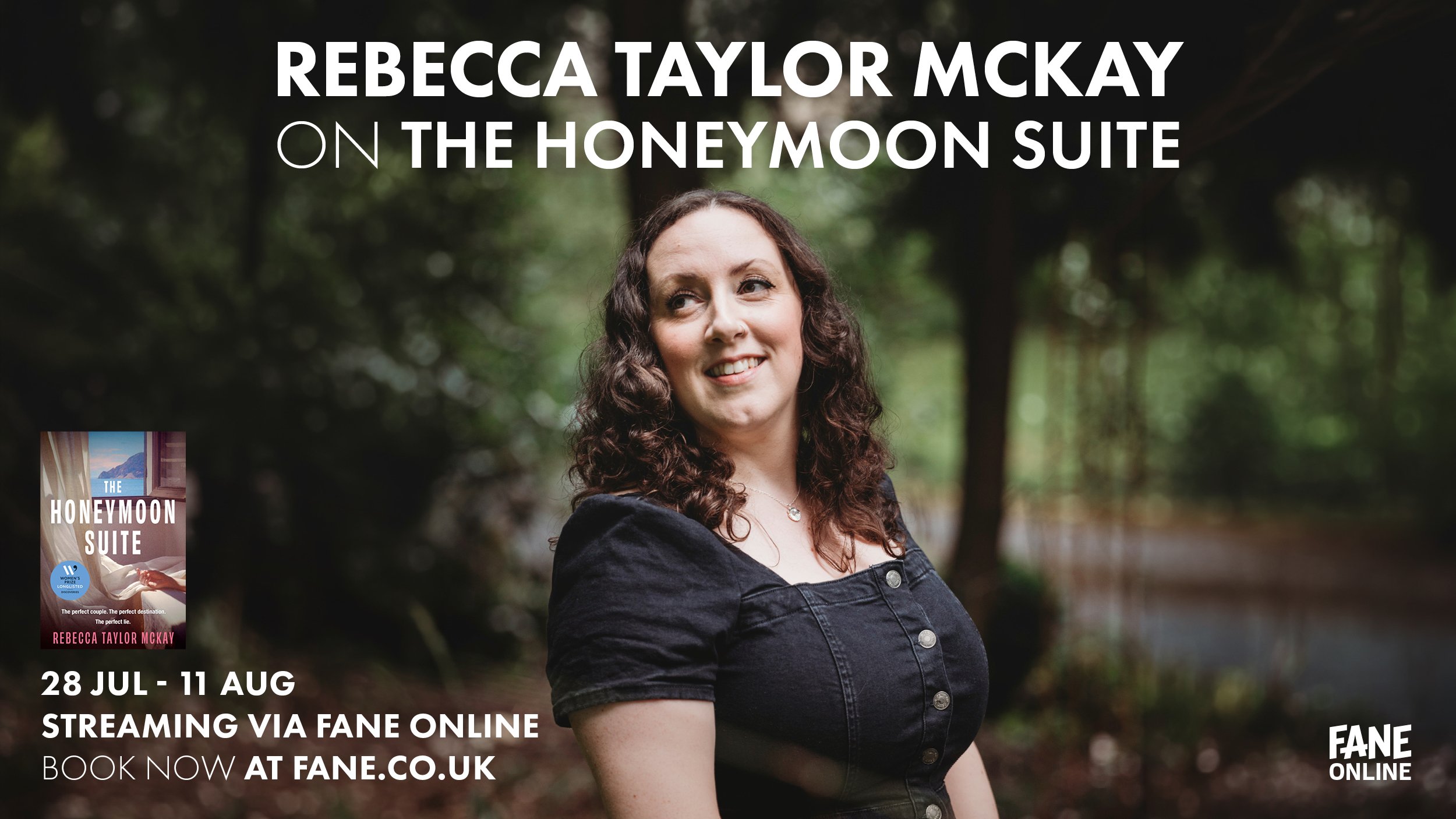 the image shows the author Rebecca Taylor McKay alongside the cover for her novel, The Honeymoon Suite and the date of the event