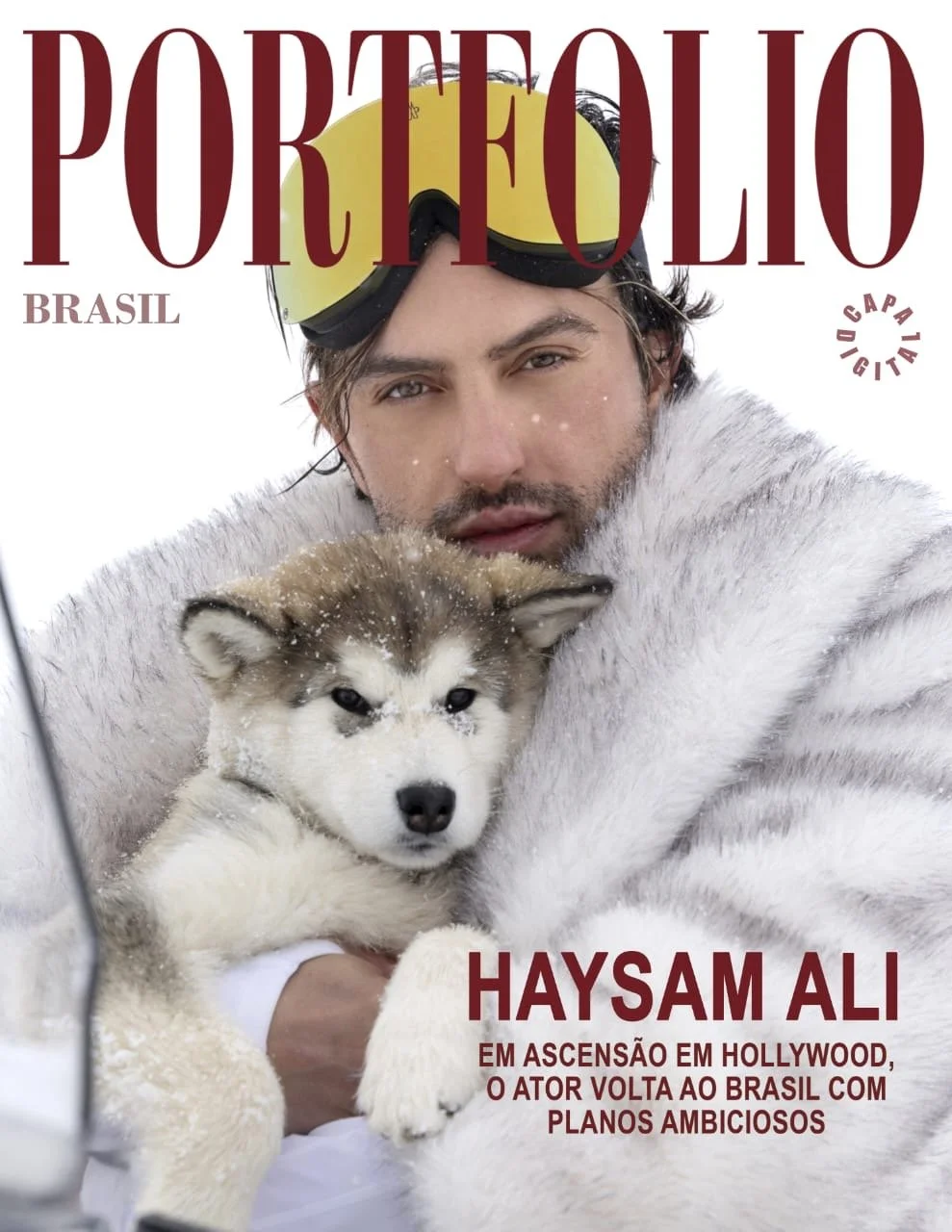 Magazine cover featuring actor Haysam Ali holding a Siberian Husky puppy, with text indicating a feature about his career and return to Brazil.