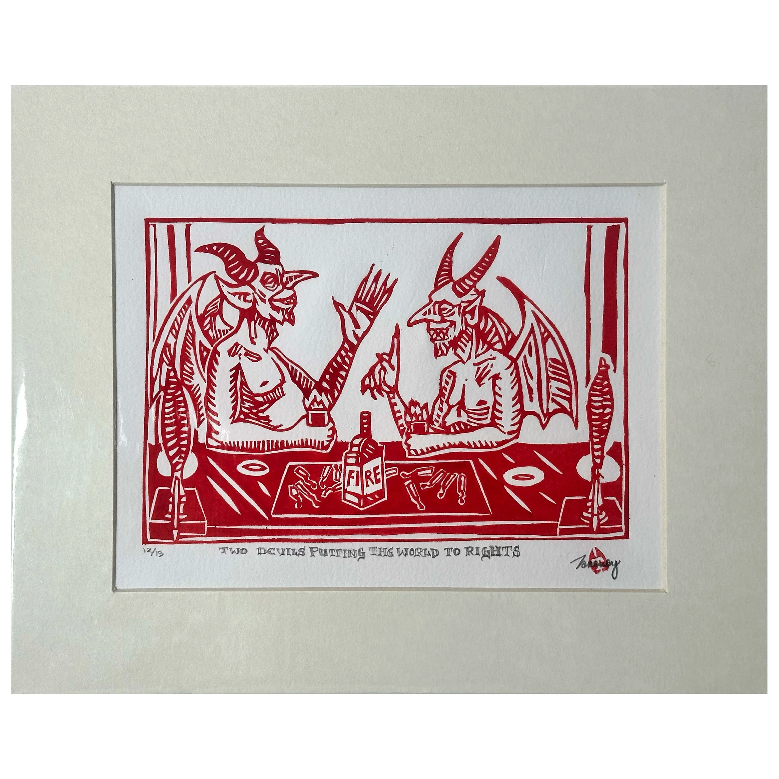 Two devils putting the world to rights red unframed.jpg