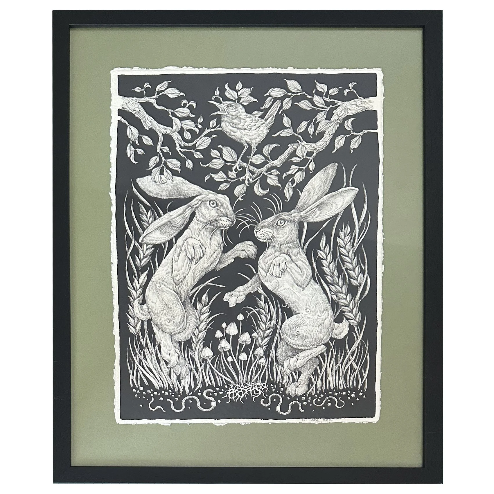 2 Hares & Bird (framed)