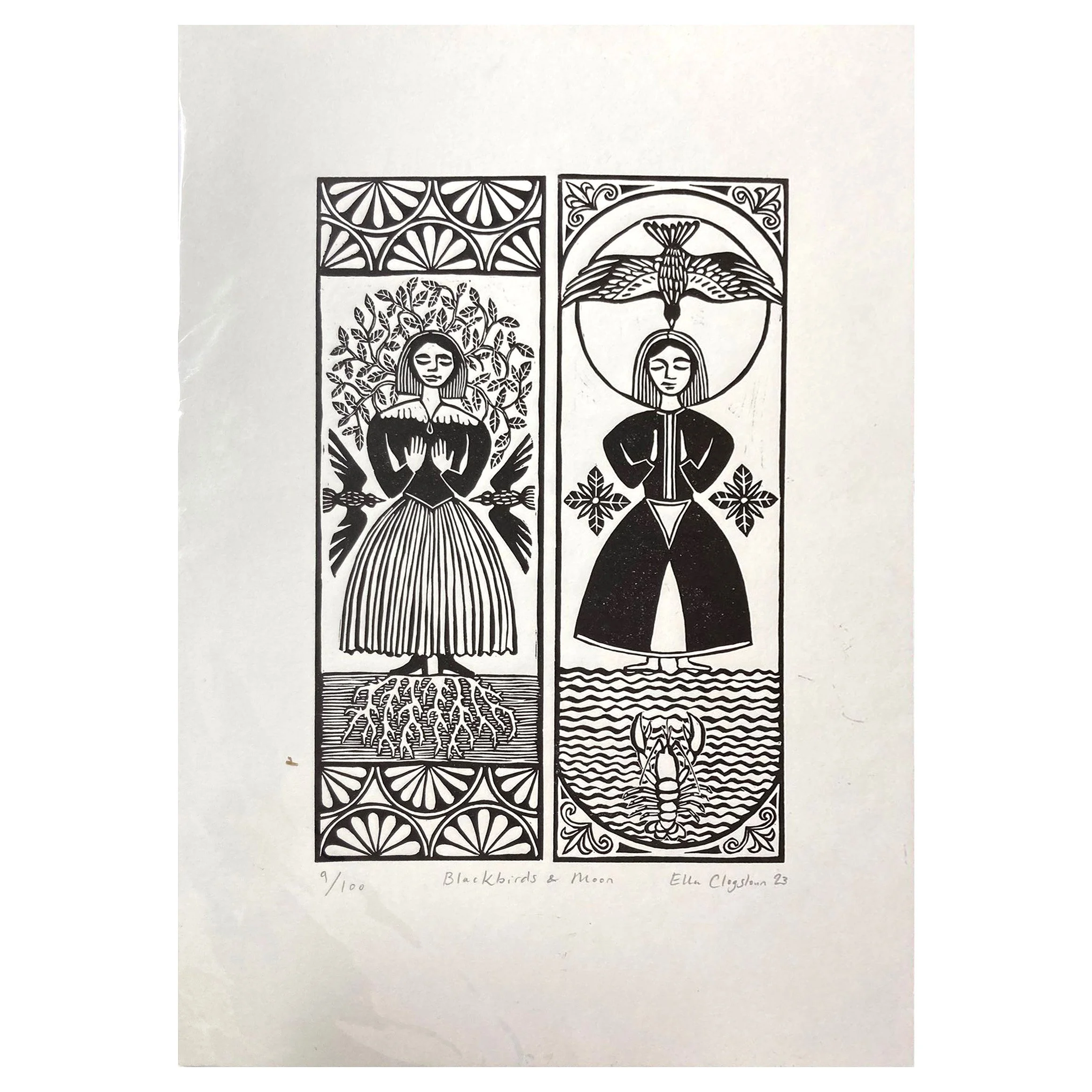 Blackbirds and Moon (unframed) - artwork available at Heart of The Tribe gallery, Glastonbury