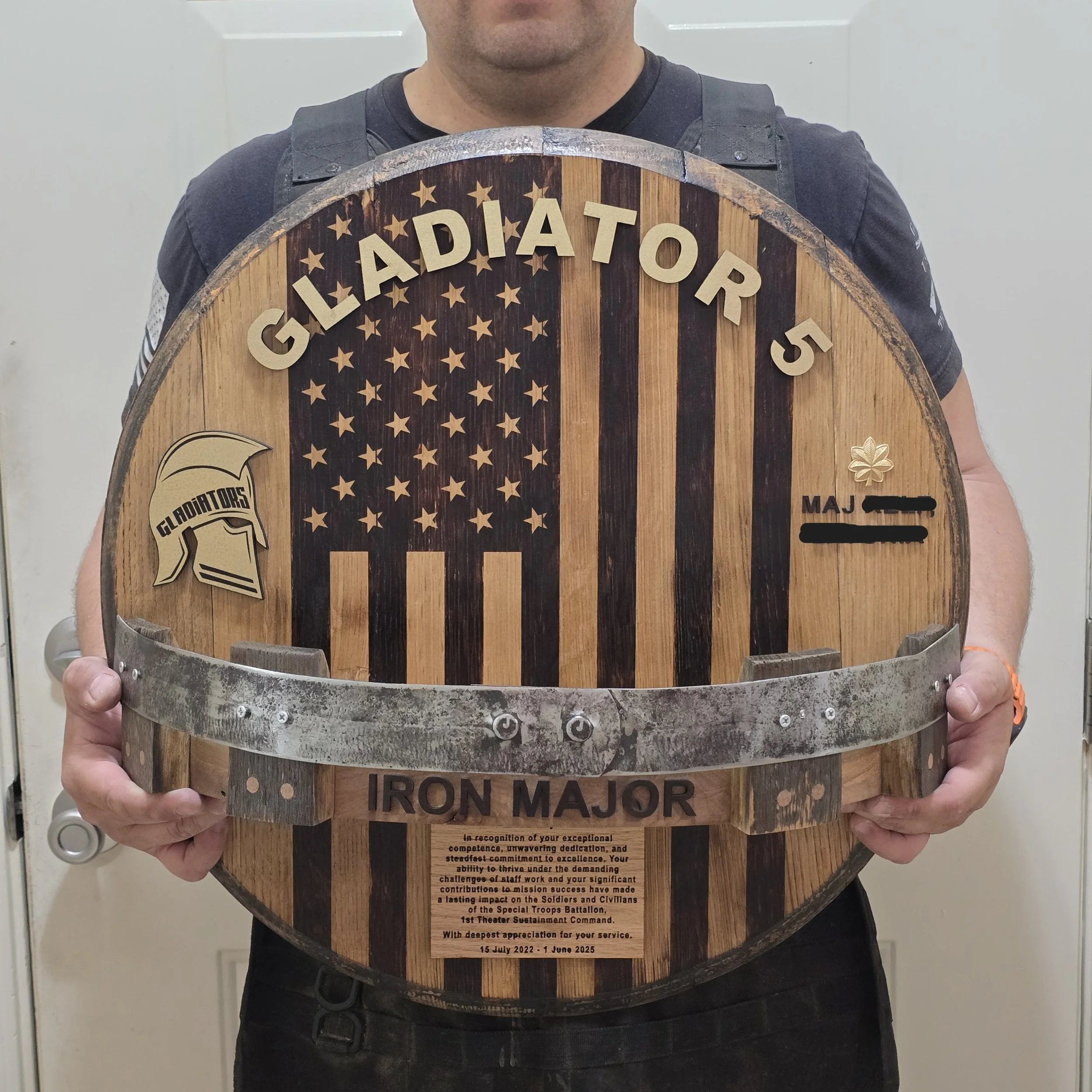 Whiskey Barrel Lid Shelf with Gold Leaf
