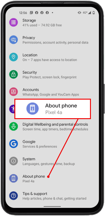 Smartphone screen displaying settings menu with highlighted "About phone" option and Pixel 4a model name.