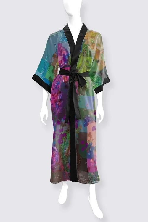 Holiday Vines Satin Kimono, Wearable Art, Creative Dressing by Marianne