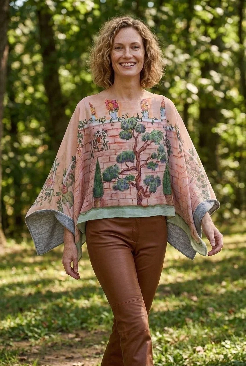 Heather knit poncho with original Walled Garden design