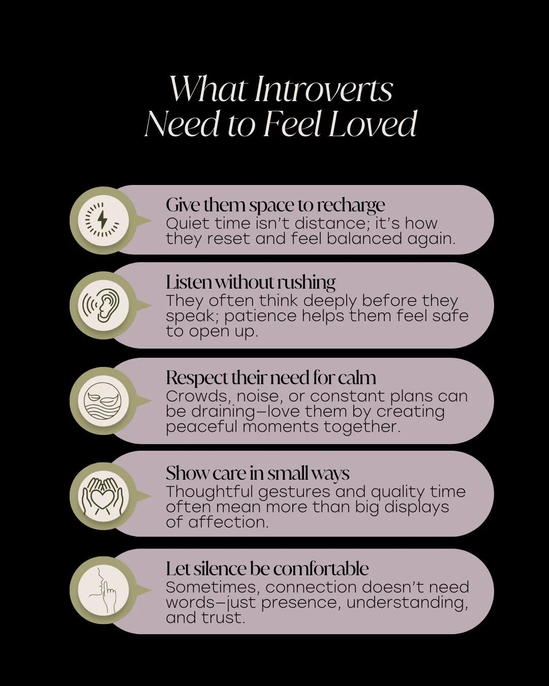 Loving an introvert means understanding that connection doesn&rsquo;t always look loud or constant&mdash;it often looks calm, steady, and deeply meaningful. 🌿

Introverts thrive on quality time, thoughtful gestures, and space to recharge. When you g