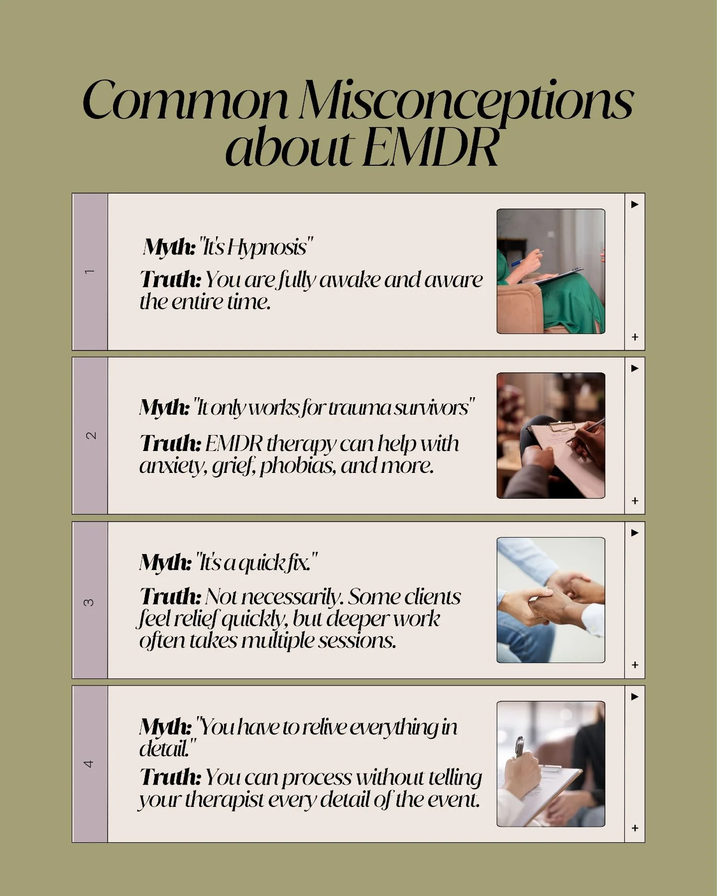 EMDR therapy often gets misunderstood . It&rsquo;s not hypnosis, it&rsquo;s not just for trauma, and it&rsquo;s definitely not about reliving your pain. 

EMDR helps your brain reprocess distressing memories in a way that feels safe, contained, and h