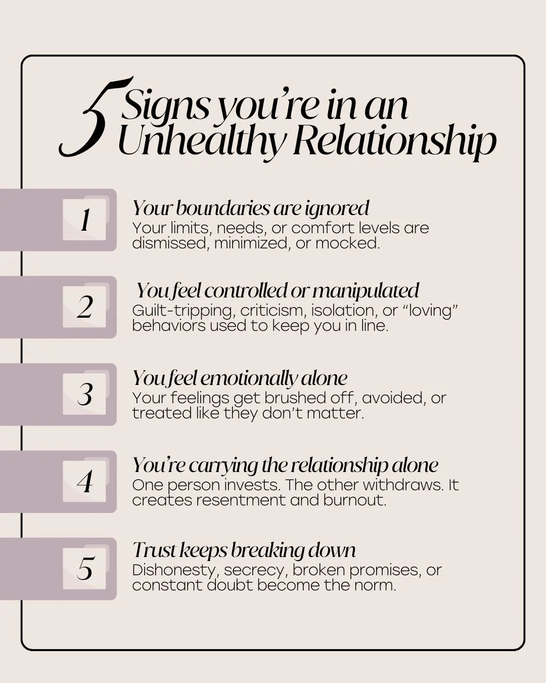 Unhealthy relationships rarely start with one big moment.
Most of the time, the warning signs show up quietly &mdash; in the tone, the tension, the way your needs get pushed aside again and again.

If you&rsquo;re noticing patterns like ignored bound