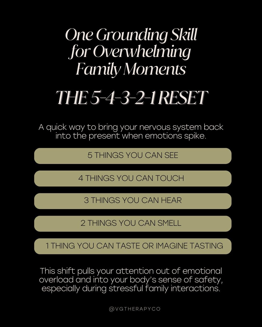 Family interactions can bring out old patterns, strong emotions, and unexpected stress, even in otherwise calm seasons.
When your body starts to tense, your mind races, or you notice yourself shutting down, a simple grounding skill can help bring you