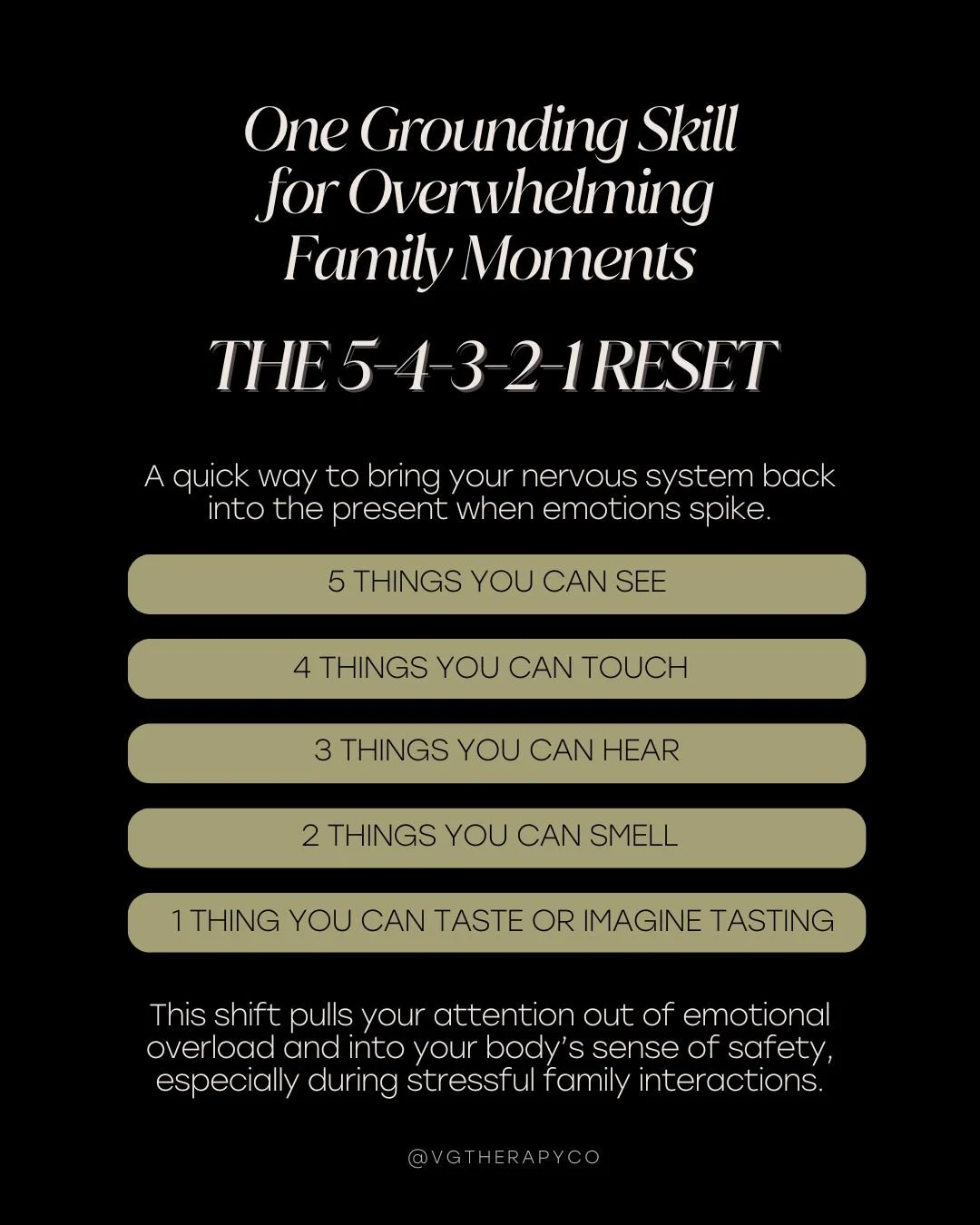 Family interactions can bring out old patterns, strong emotions, and unexpected stress, even in otherwise calm seasons.
When your body starts to tense, your mind races, or you notice yourself shutting down, a simple grounding skill can help bring you
