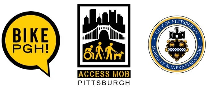 Logos for Bike Pittsburgh, Access Mob Pittsburgh, and the City of Pittsburgh Department of Mobility and Infrastructure