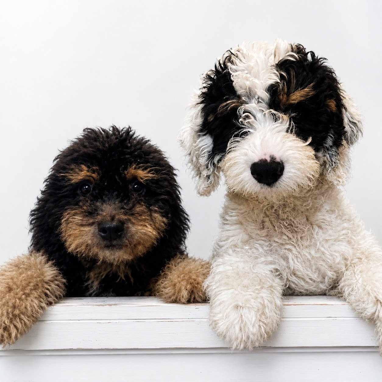 Two cute sproodle puppies, one black and tan mini from Tootsie and Crew, and the white with black is a Moyen sproodle from Ellie and Nico,