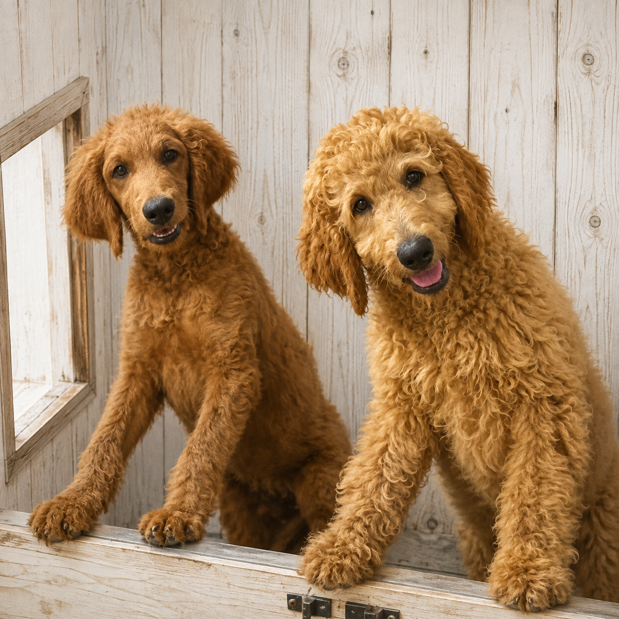 Two adorable apricot F1b Goldendoodles from Ginger and Titus.