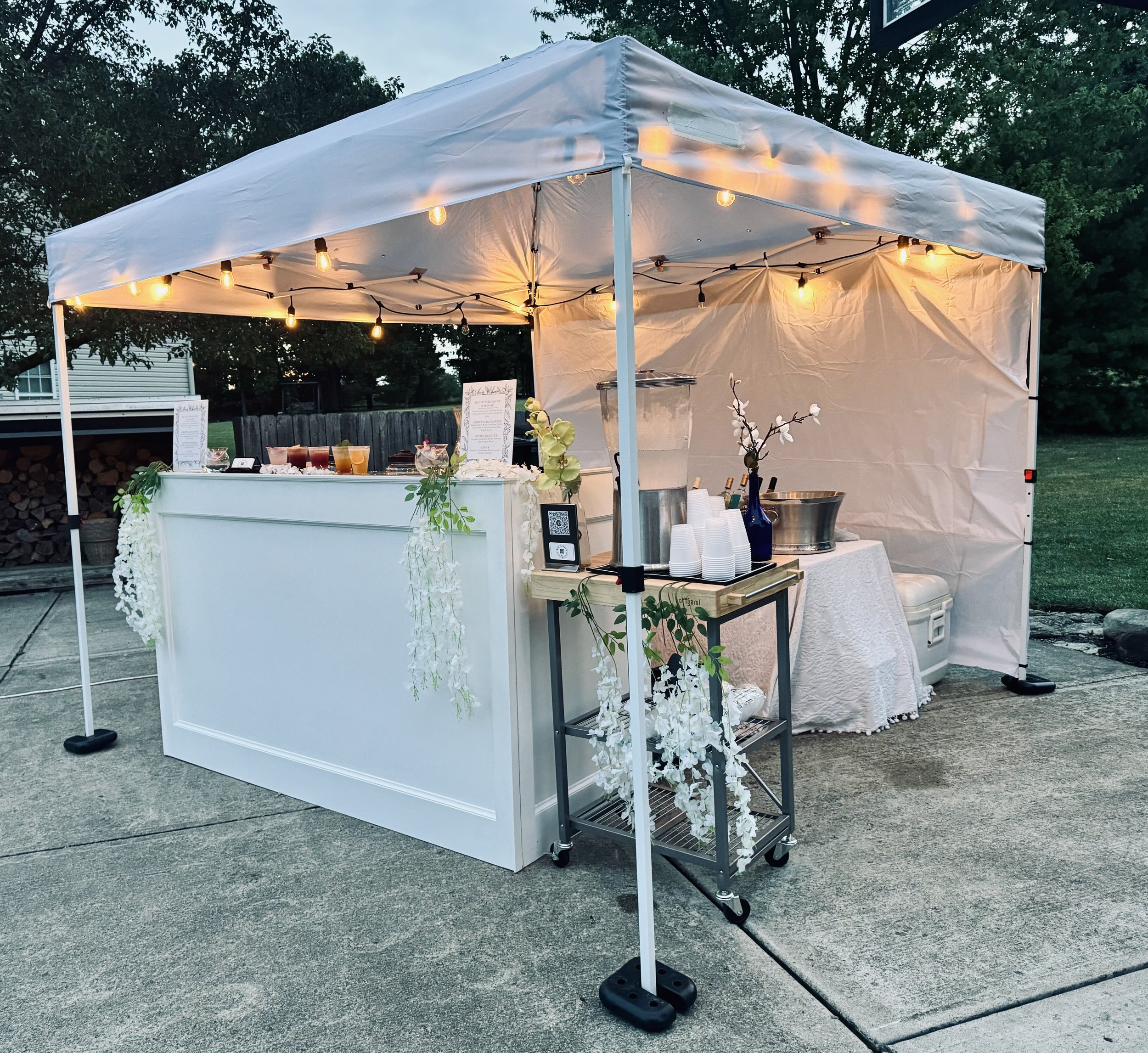 White Wooden Bar-Event Tent-Lights.