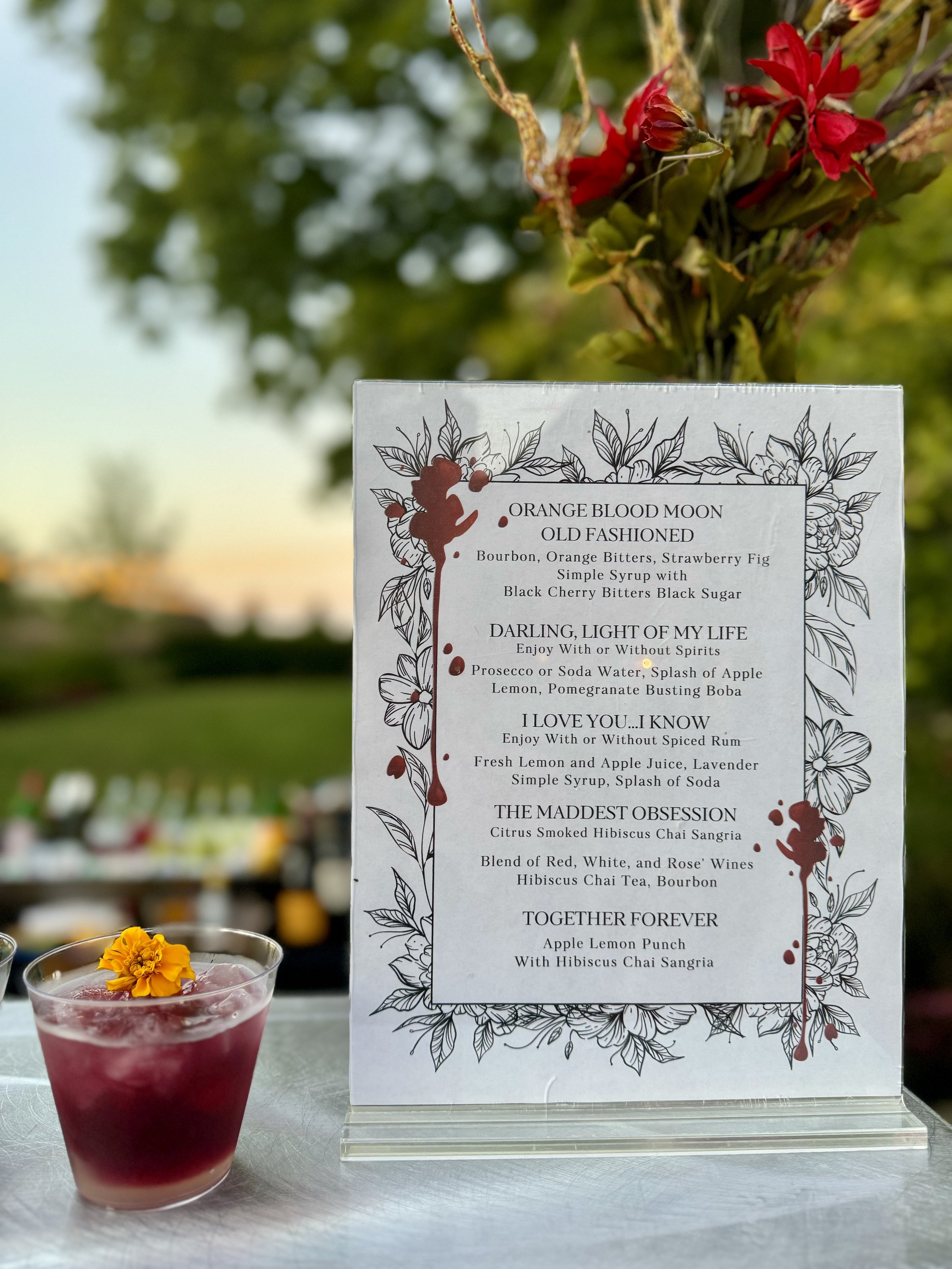 Custom Drink Menu by Rocktails Bars on Wheels-Horror Movie Themed Wedding at Heathfield's Farm.