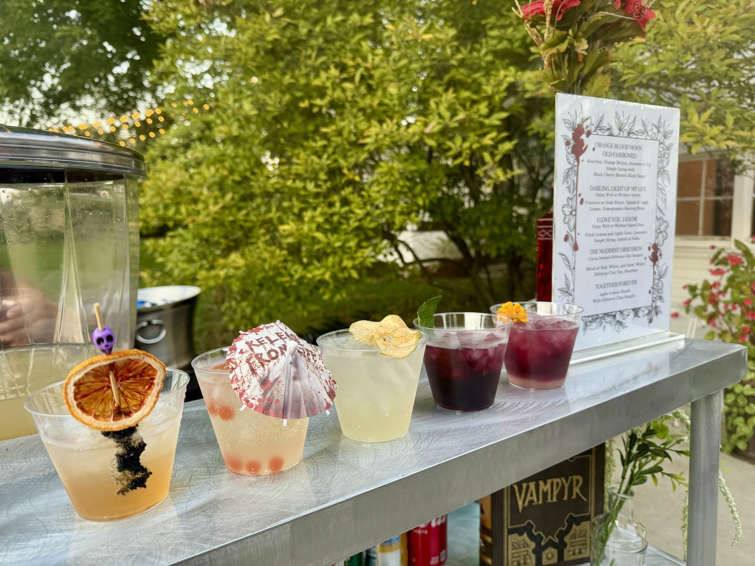 Rocktails Bars on Wheels Signature Drinks for Horror Movie Themed Wedding at Heathfield's Farm.