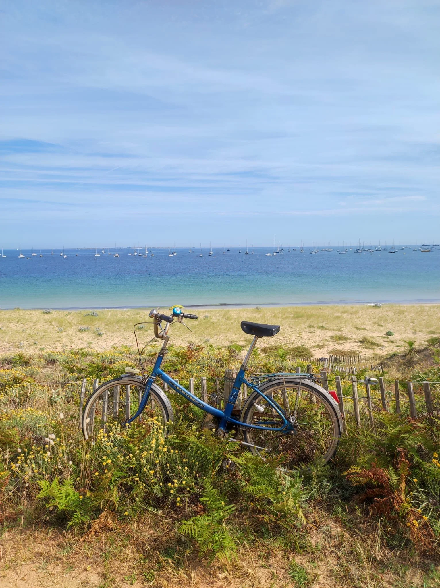 Vélo devant une belle plage de sable blanc sur l'île d'houat en bretagne Sud