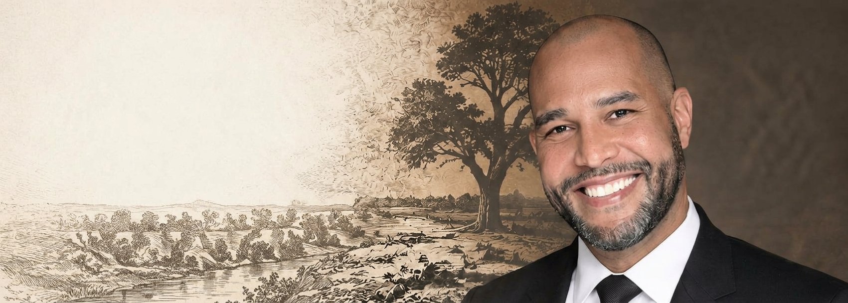 Smiling bald man in a suit and tie standing before a vintage rural landscape illustration