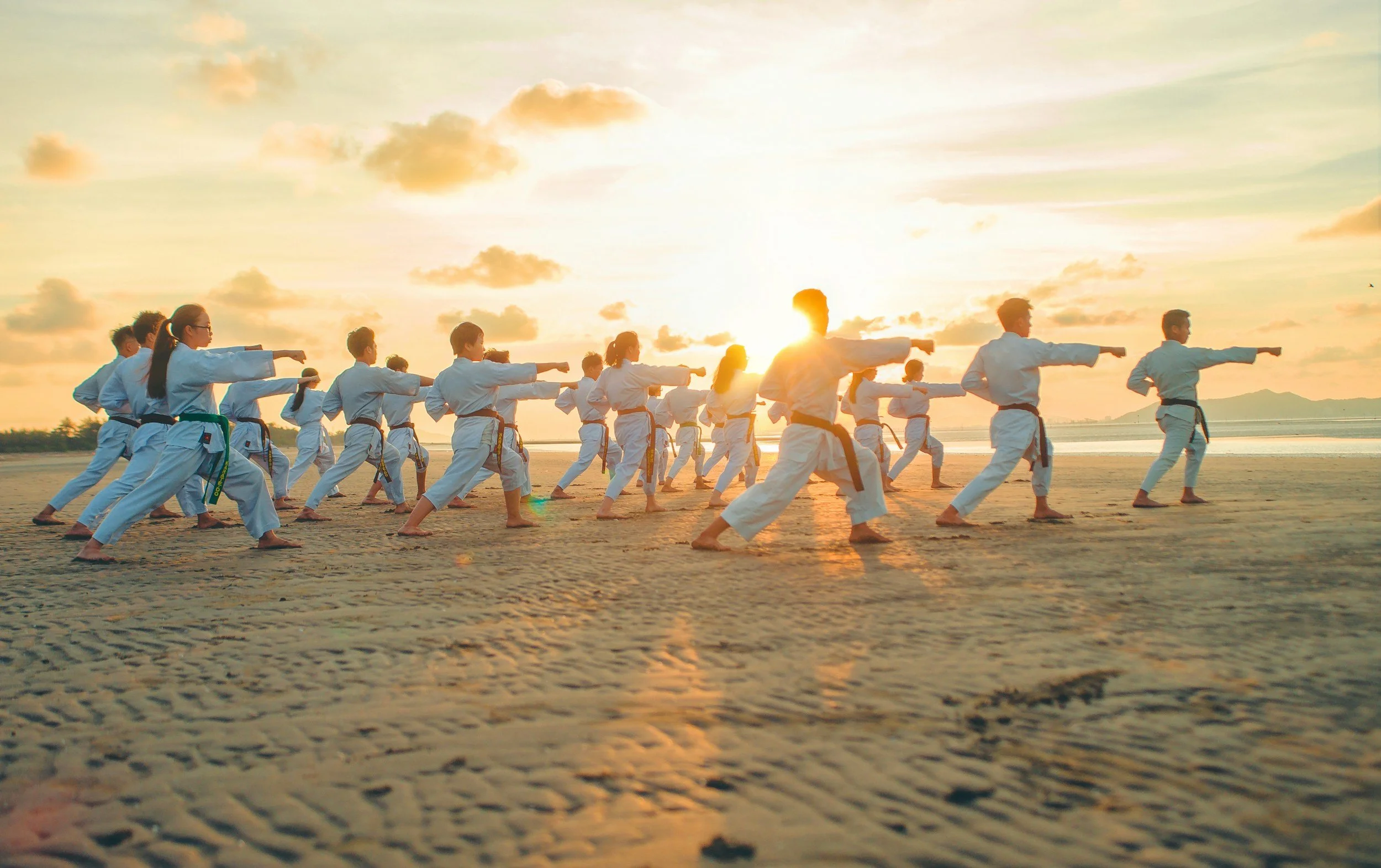 A group of martial artists practicing on a beach during a sunset, all wearing traditional uniforms and performing synchronized movements.