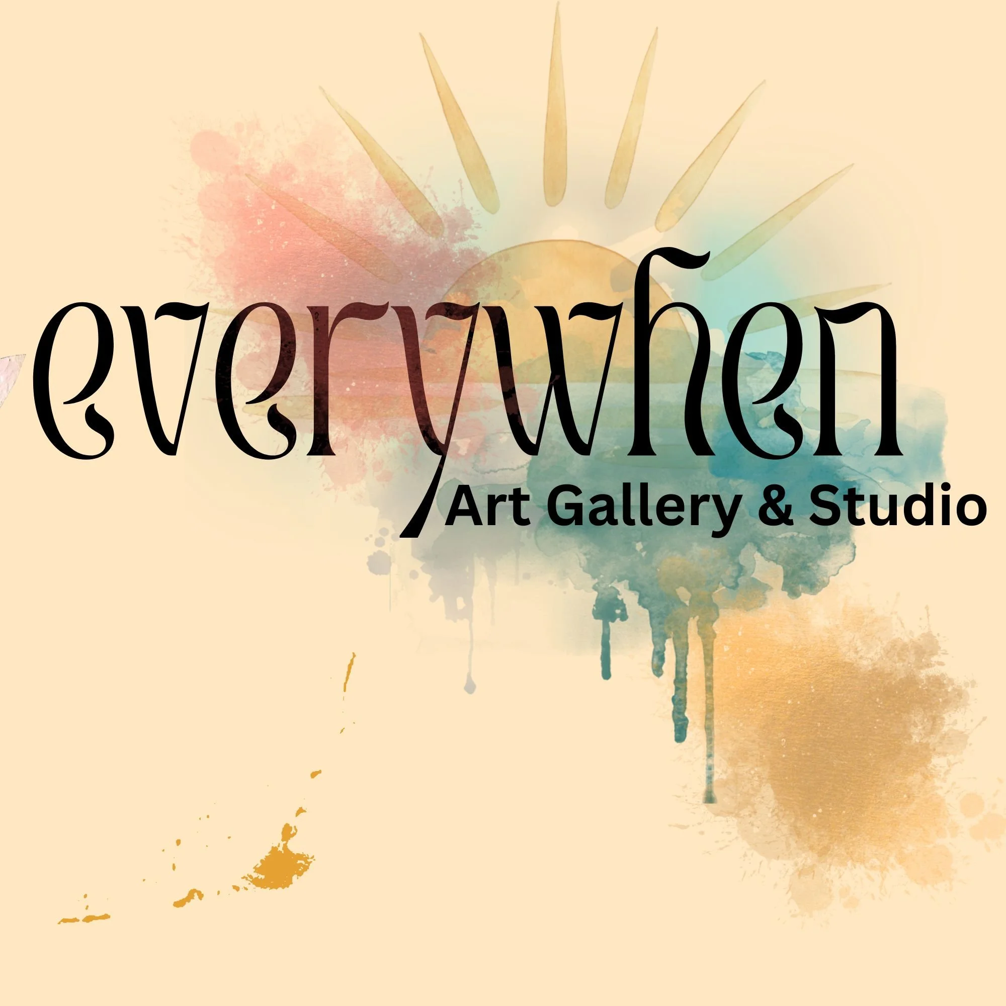 The image features a textured background with watercolors and ink splatters. Text overlaid reads "Everywhen" in large, black, stylized font, with smaller text below stating "Art Gallery & Studio."