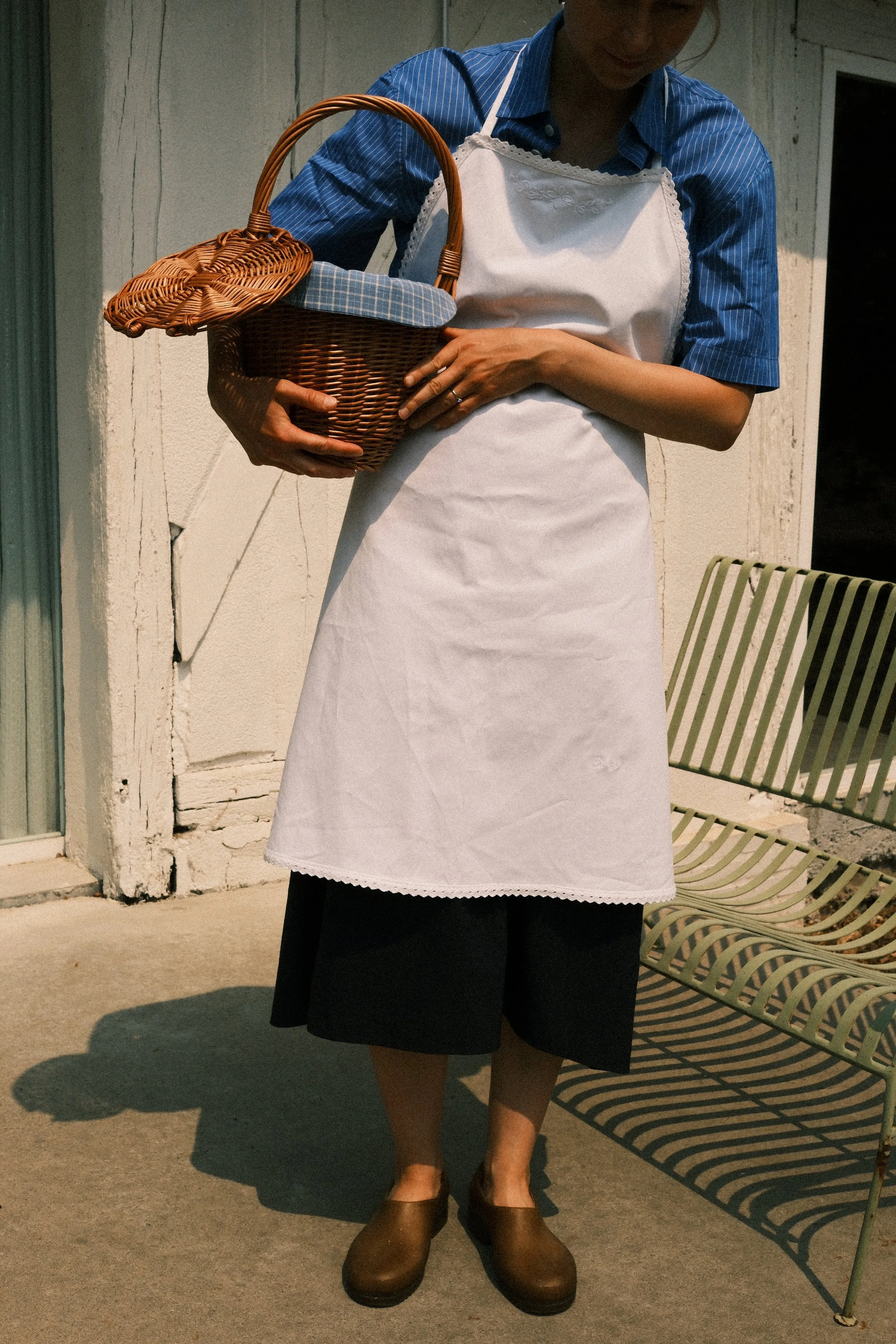 White Cotton Full Apron with Floral Embroidery