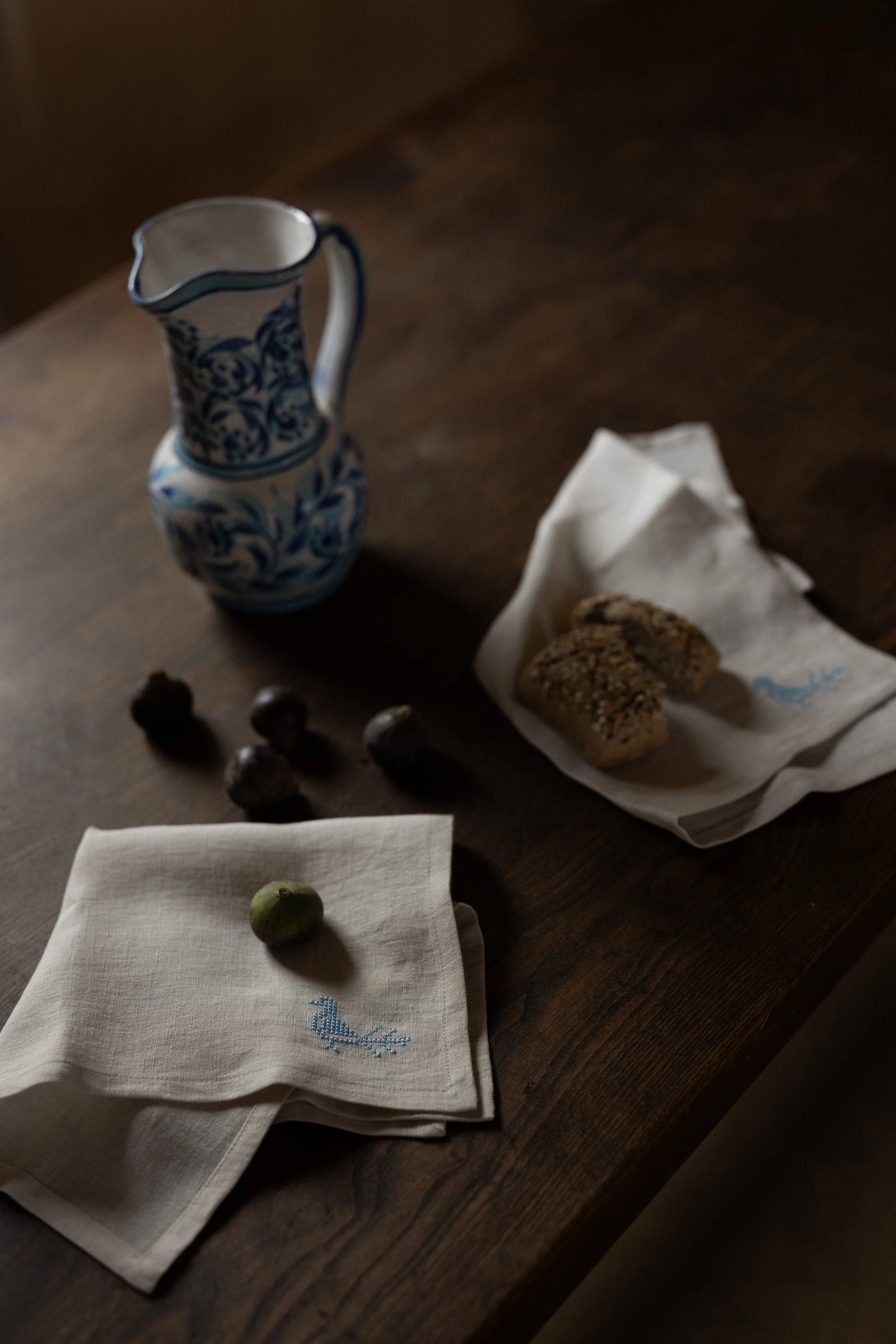 Beige Linen Napkins with Bird Cross-Stitch Embroidery (Set of 2)