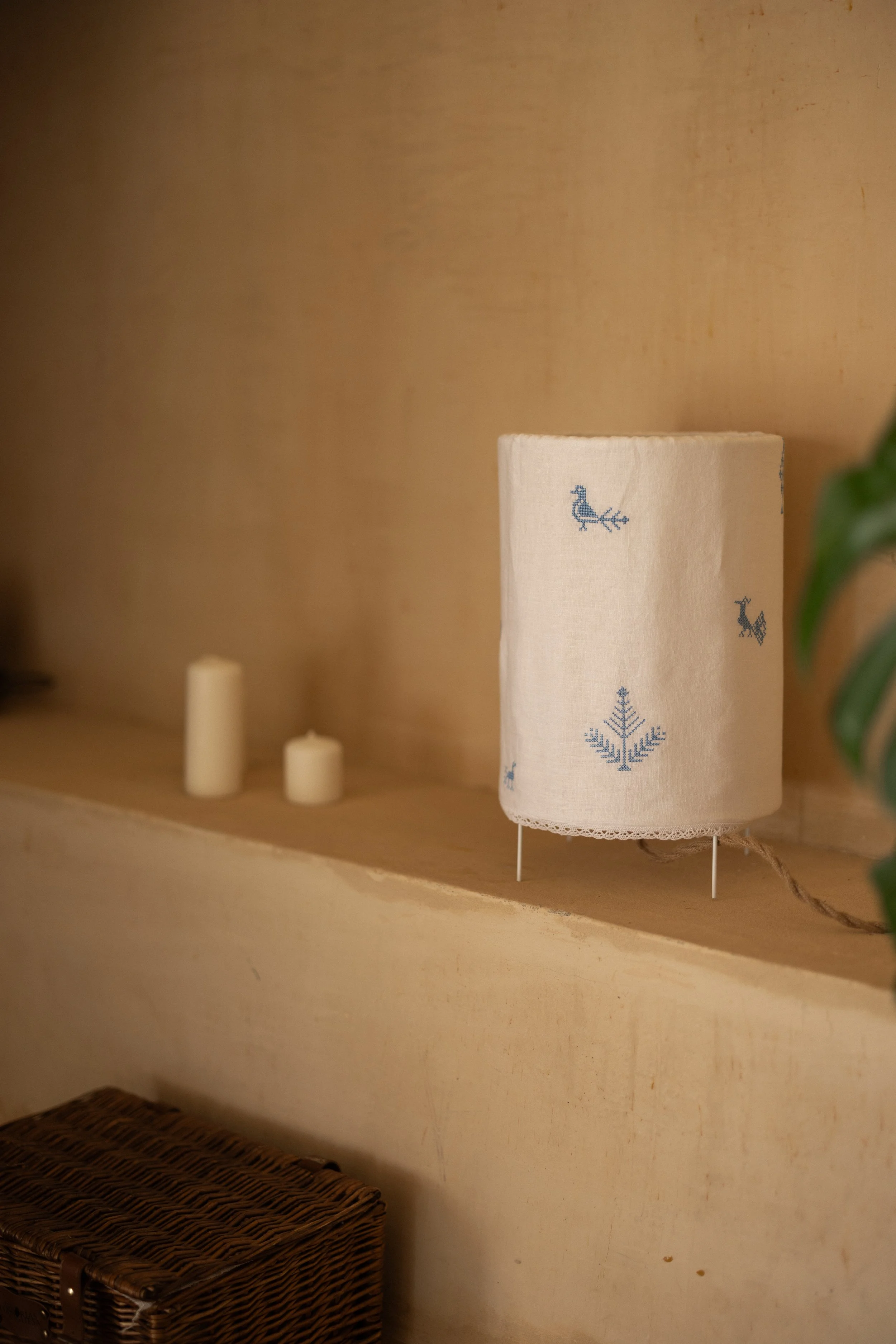 White Linen Lamp with Bird and Floral Cross-Stitch Embroidery