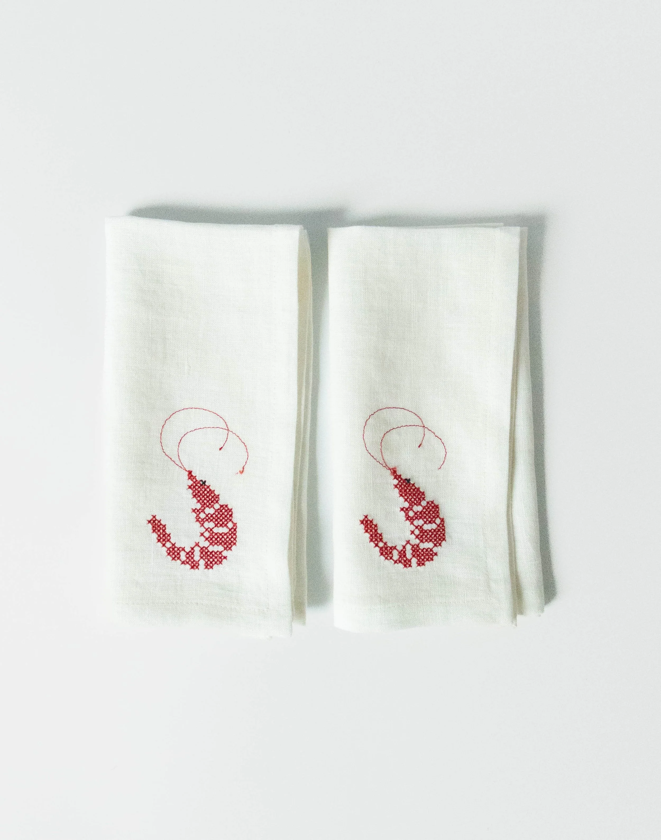 White Linen Napkins with Prawn Cross-Stitch Embroidery (Set of 2)