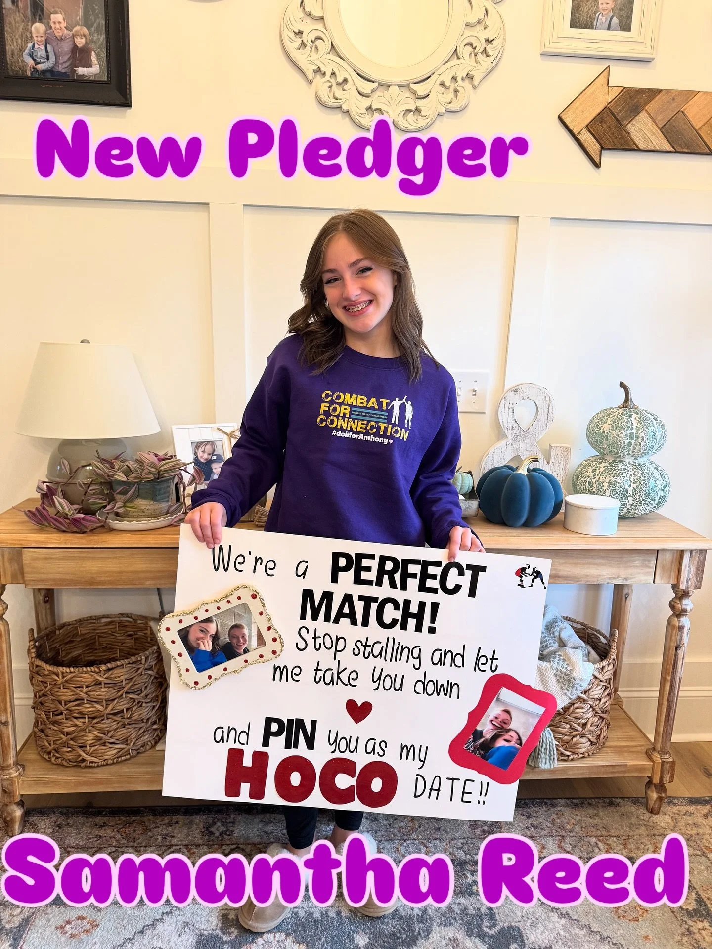 New connection Samantha Reed let us experience our first HOCO invitation today! She said yes!!! Love how even the sign is wrestling themed. #purple #hoco #newpledger #experiencingnewthings #wrestling