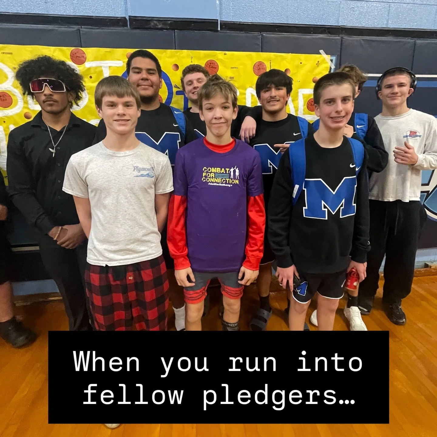 Pledgers from Mooresville High school and East Rowan smile for the camera. Love people coming together for mental health awareness in the wrestling community. #wrestling #community #mentalhealth #combatforconnection