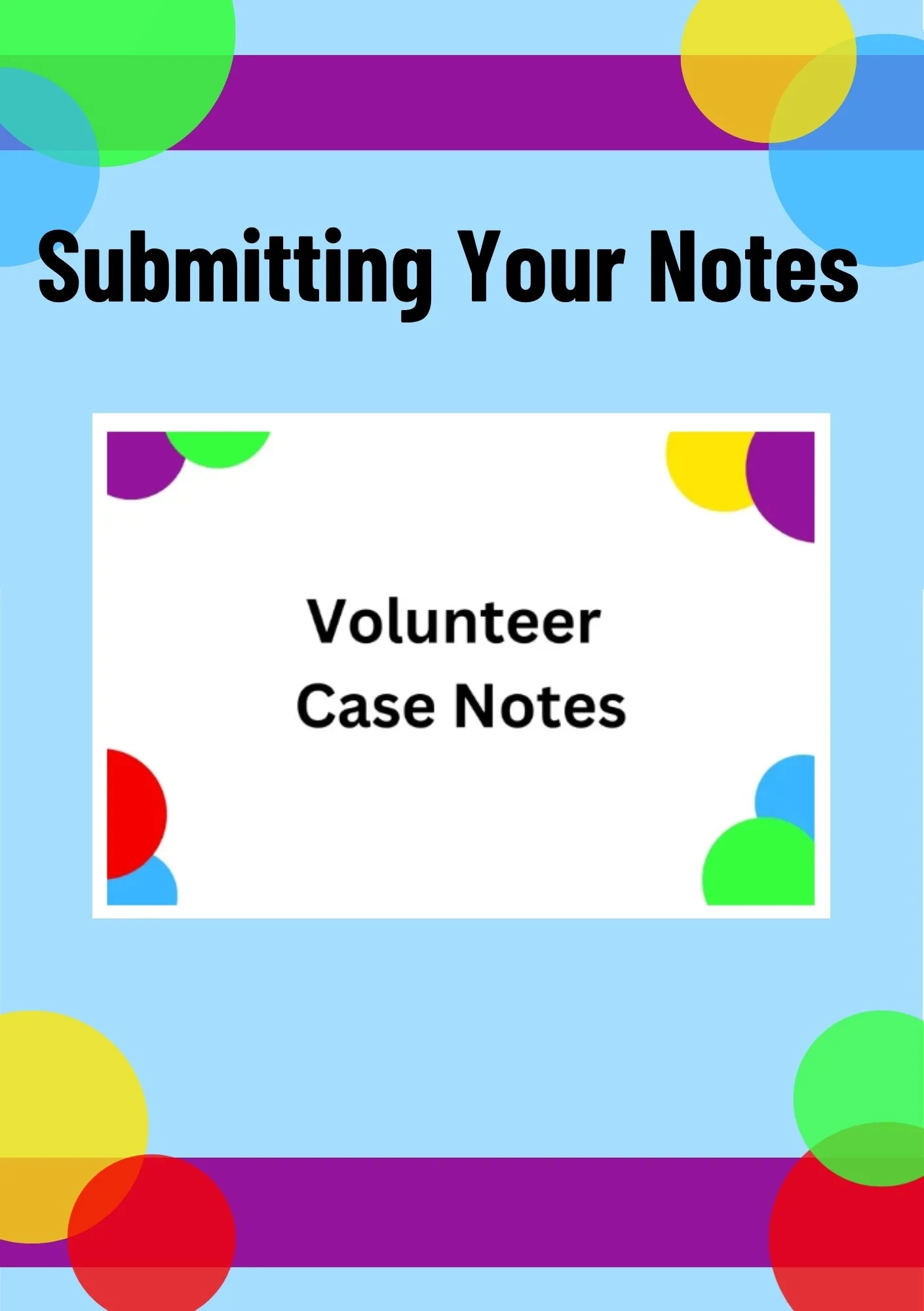 Cover page of a document titled "Submitting Your Notes" with colorful dots and a section labeled "Volunteer Case Notes."