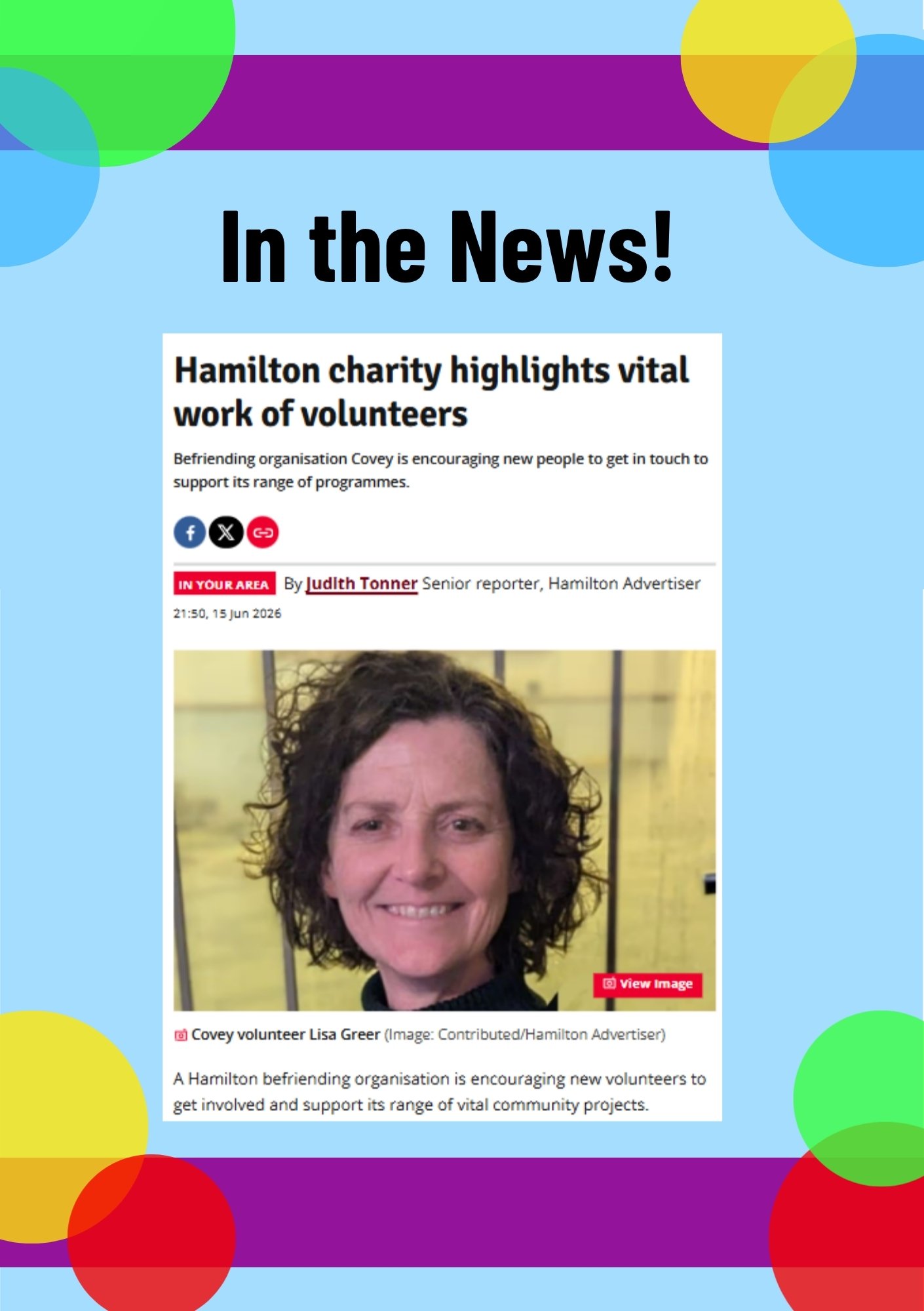 A news article about a Hamilton charity highlighting the vital work of volunteers, featuring a smiling woman with curly dark hair, wearing a black top, with a yellow wall in the background.