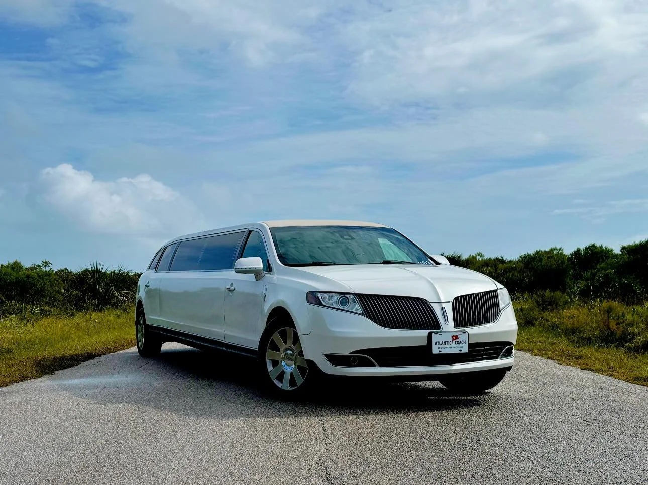 A white limousine parked on a paved road with grassy bushes and a partly cloudy sky in the background.