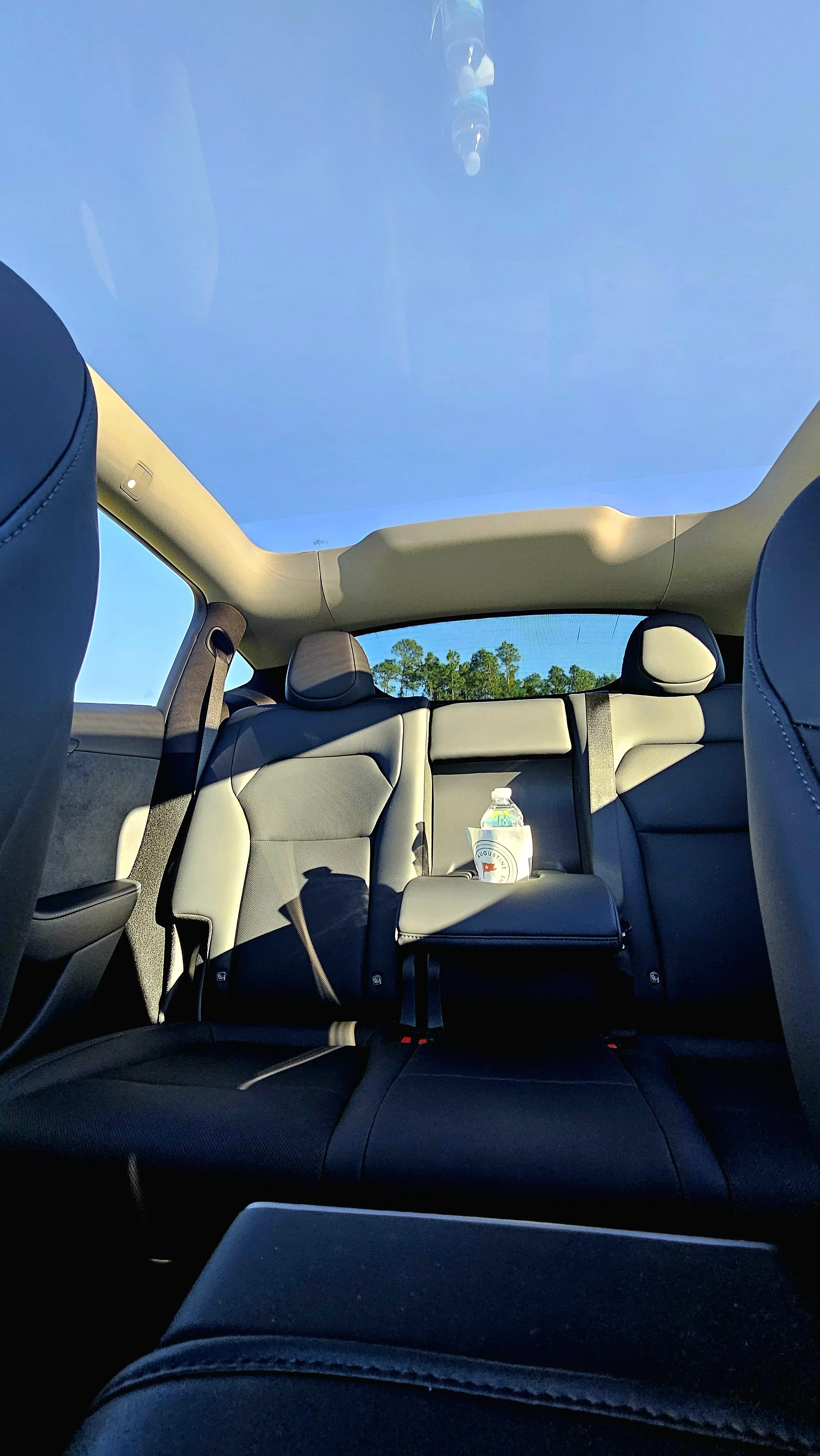 View from the back seat of a car with black leather seats and a bottle of water in the center console, with a clear blue sky and trees visible through the panoramic sunroof.