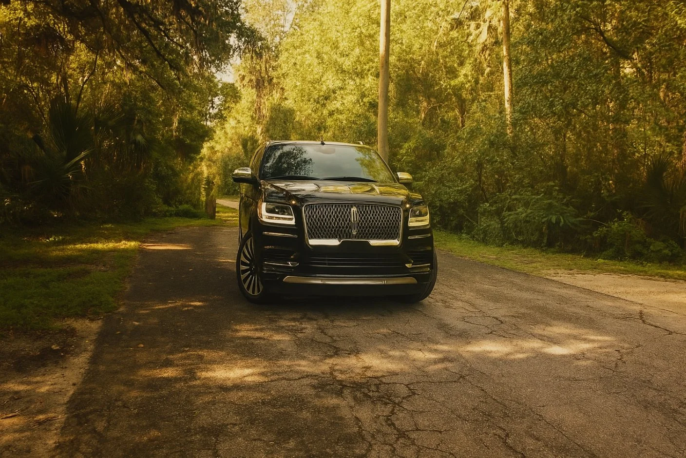 A black luxury SUV parked on a cracked asphalt road surrounded by trees and greenery in a wooded area.