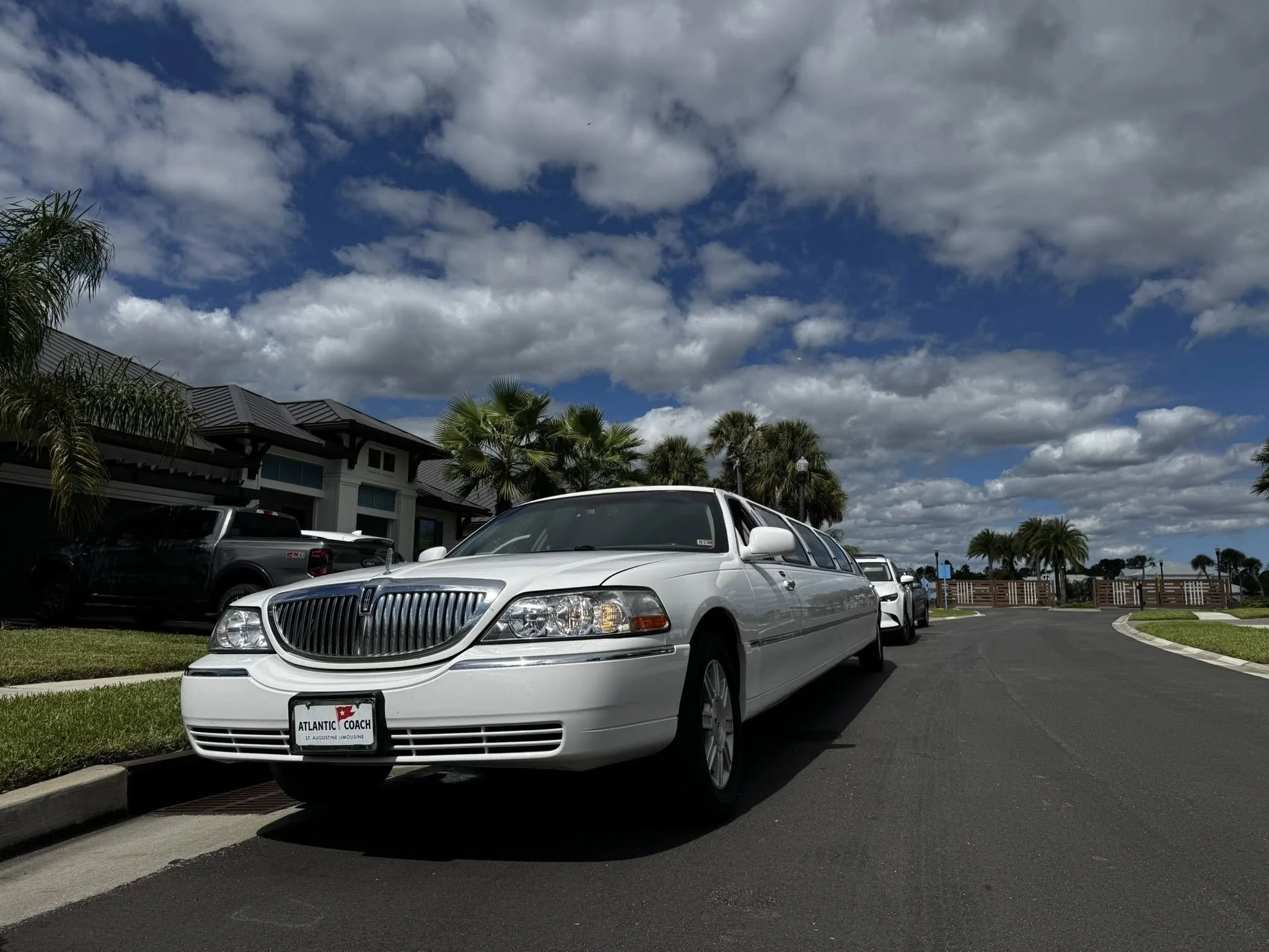 White limousine parked on a street with a house and palm trees in the background under a partly cloudy sky.