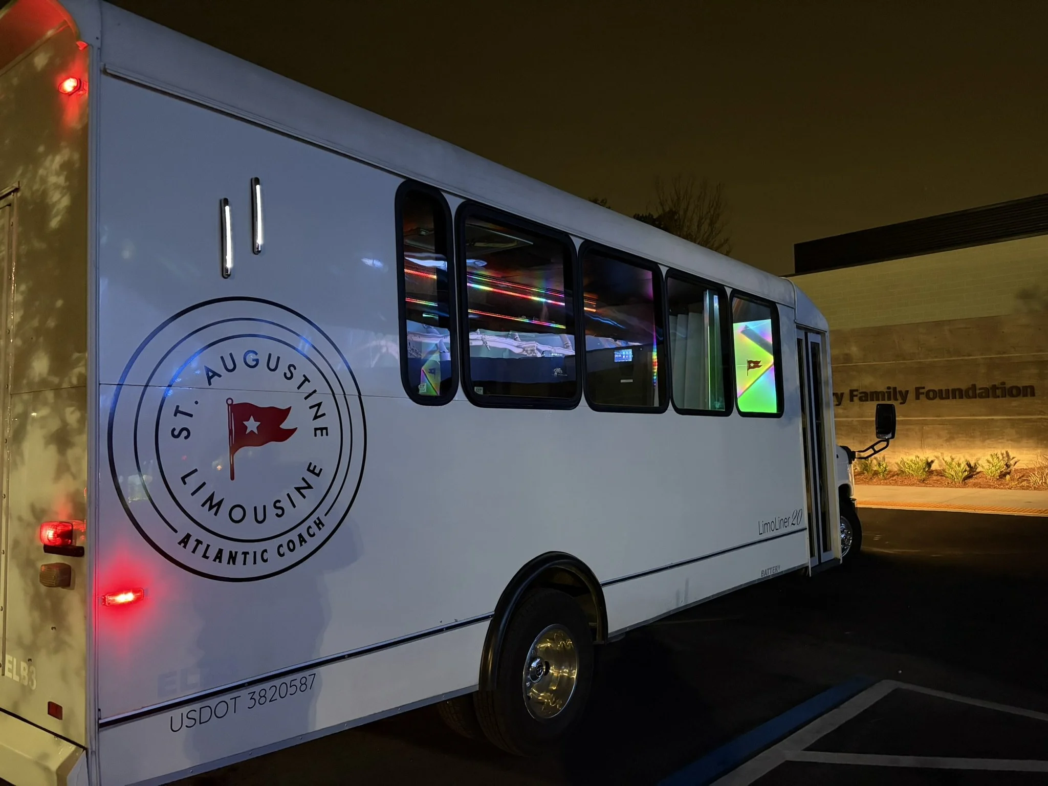 Party bus exterior at night